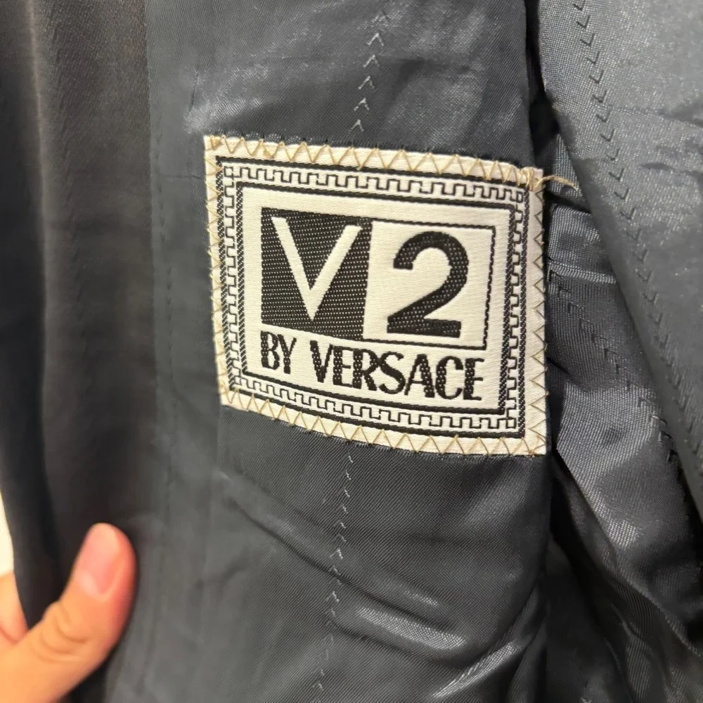 Versace V2 Mens Pinstripe Wool Blazer Sport Coat Made in Switzerland 44L/IT54L